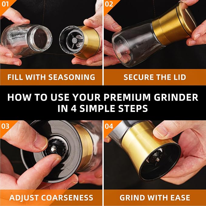 DAVIMADE Premium 2pk Gold Salt and Pepper Grinder Set, Manual Grinder - Image 5