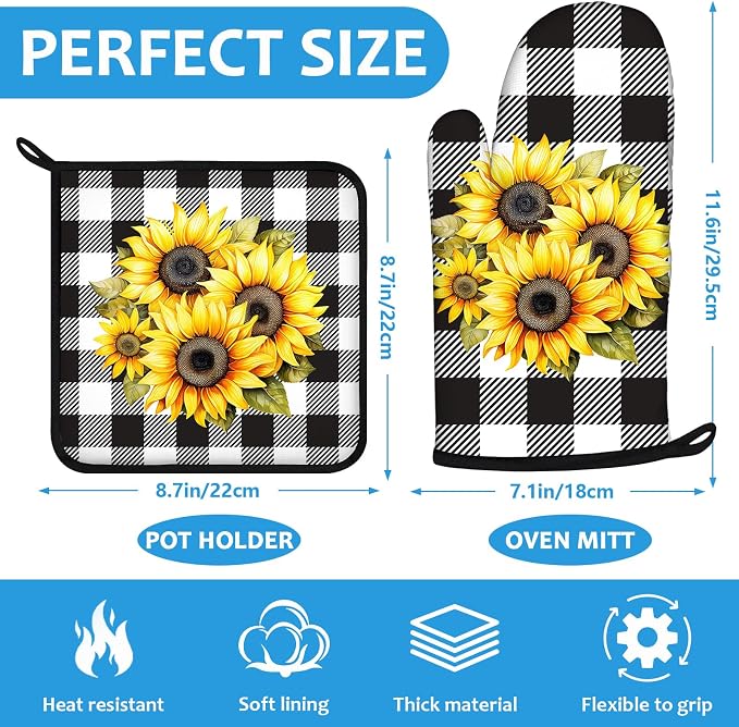 Sunflower Oven Mitts and Pot Holders Sets Heat Resistant 4Pcs Black White - Image 2