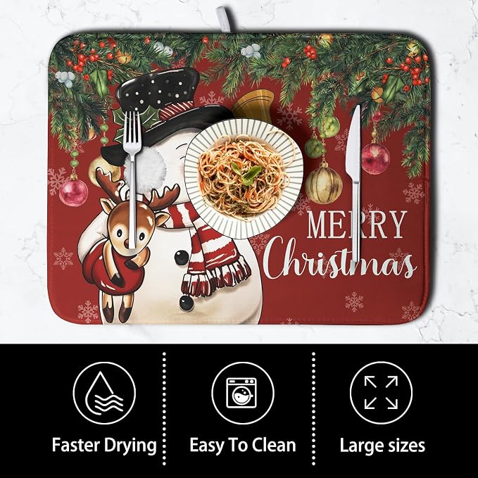 Christmas Dish Drying Mats for Kitchen Counter 16x18 Cute Snowman Red Dish - Image 4