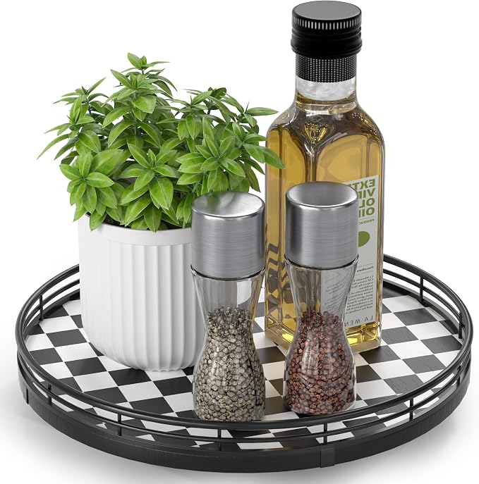 Black and White Kitchen Lazy Susan Turntable – Checkered Round Decorative Tray by AMH