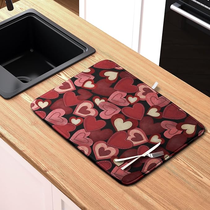 Valentine Dish Drying Mat for Kitchen Counter Red Black Love Heart Drying Pad - Image 6