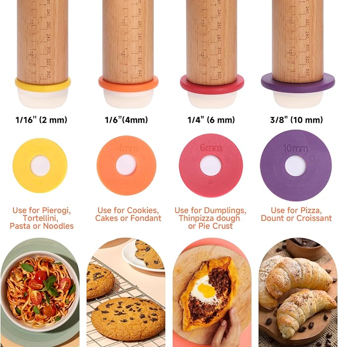 Wooden Rolling Pin with Thickness Rings and Pastry Baking Mat, Pie Crusts - Image 4