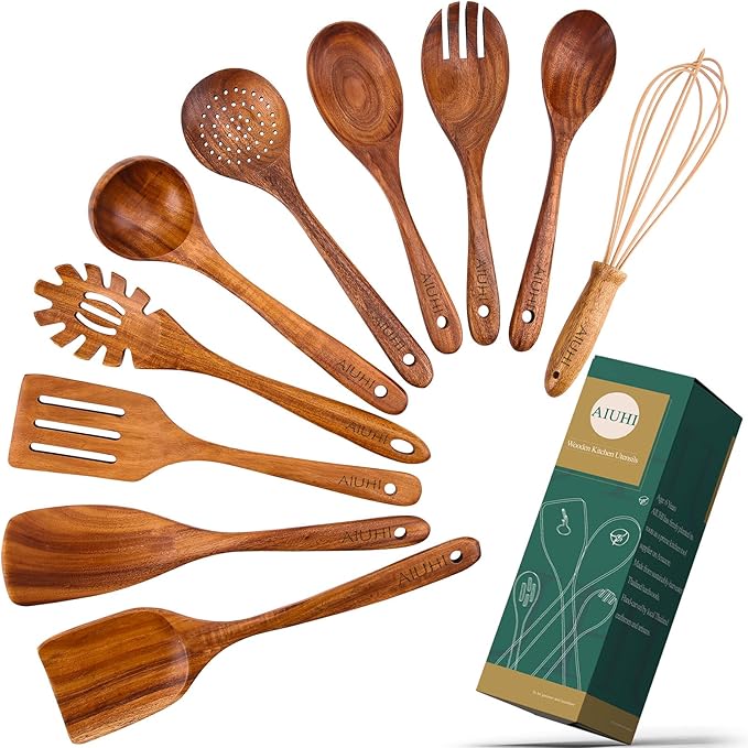 AIUHI 10 Pack Wooden Spoons for Cooking, Teak Wood Kitchen Utensils Set for Non by AIUHI