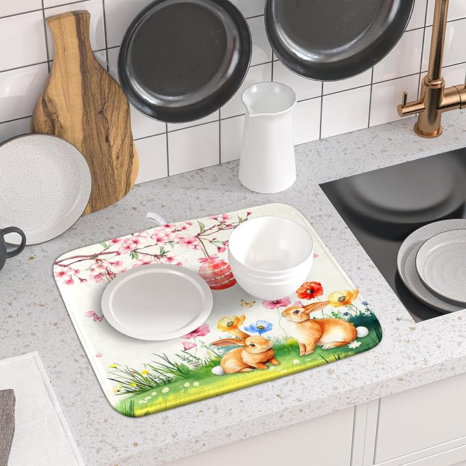 Giwawa Easter Bunny Dish Drying Mat, Spring Rabbits Eggs Hunt Dish Drainer Mats - Image 5