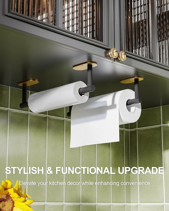 Paper Towel Holder Under Cabinet Black and Gold, Self Adhesive or Wall Mounted - Image 2