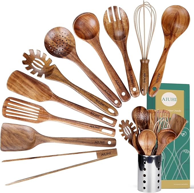 Kitchen Utenails Set with Holder, Kitchen Wooden Utensils by AIUHI
