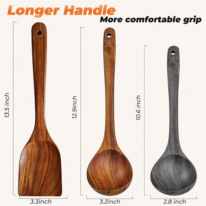 2Pcs Wooden Ladle and Spatula, Natural Acacia Long Handle, Large Capacity - Image 2