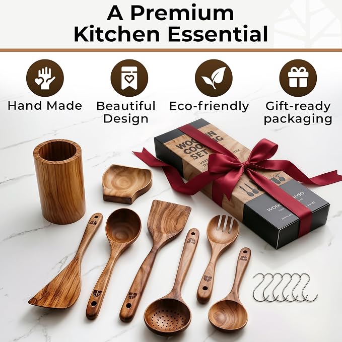 Wooden Utensil Set 8 Pcs – Sturdy & Easy to Clean, Natural Teak Wooden Spoons - Image 7