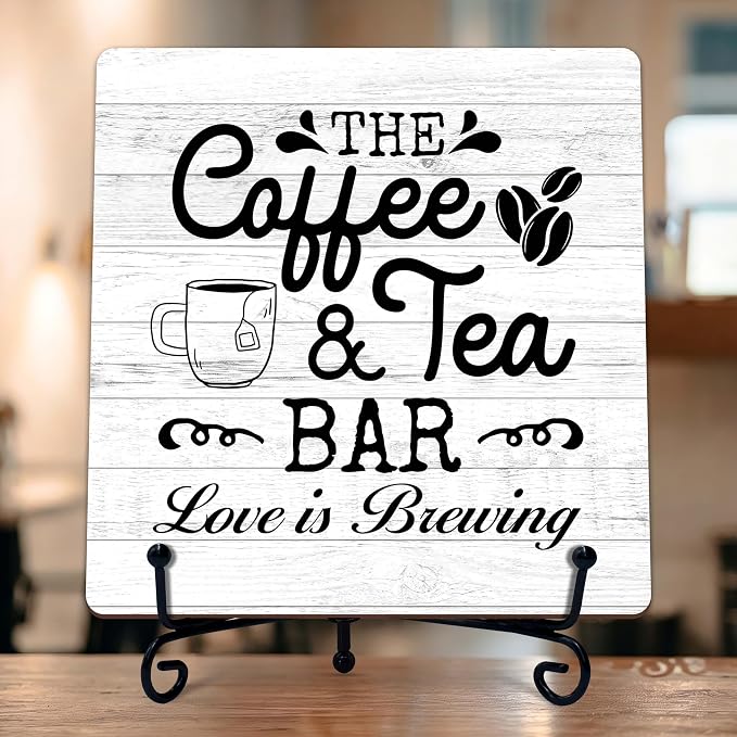 Coffee Bar Sign, Love is Brewing Farmhouse Tabletop Decor, Coffee and Tea Lover by TIRYWT