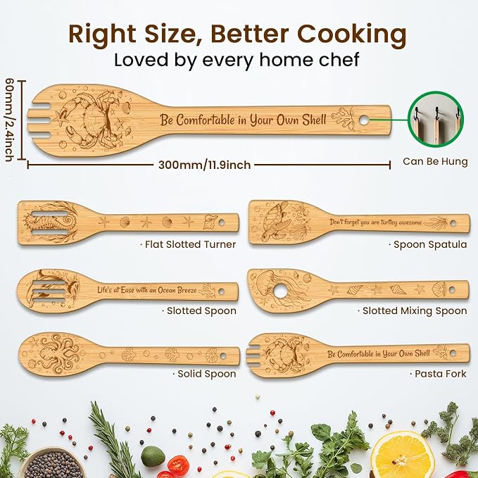 CUTHOLLOW 6PCS Marine Animals Wooden Kitchen Cooking Utensil Set, 11.9in Non - Image 2