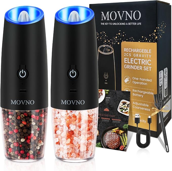 Gravity Electric Salt and Pepper Grinder Set, Battery Powered LED Light One by MOVNO