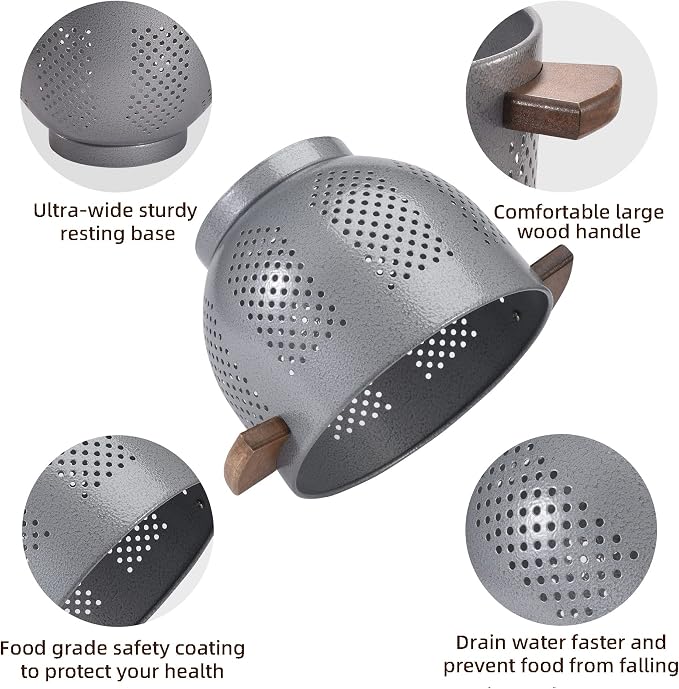 Metal Colander with Wood Handle and Stable Base, Powder Coated Steel Kitchen - Image 5
