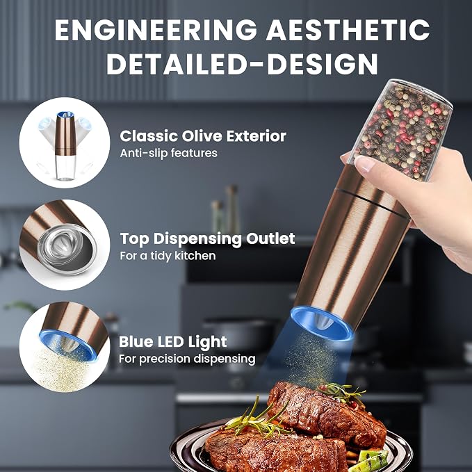 UNNEES Gravity Electric Salt and Pepper Grinder set of 2, Automatic Salt And - Image 4