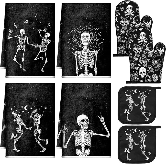 Leinuosen 6 Pcs Skull Kitchen Decor Set, Skull Kitchen Towels Gothic Oven Mitts by Leinuosen