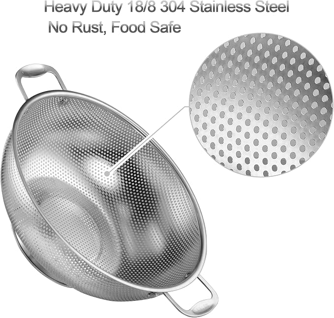 Tiawudi Large 6-Qt Colander, 18/8 Stainless Steel Mesh Strainer - Image 3