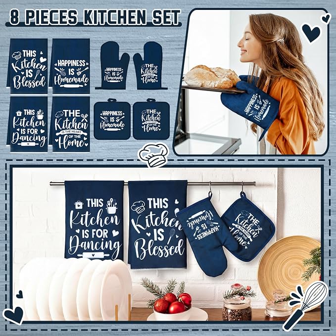 Leinuosen 8 Pcs Kitchen Towels and Oven Mitts Sets Pot Holders Dishcloths Set - Image 2