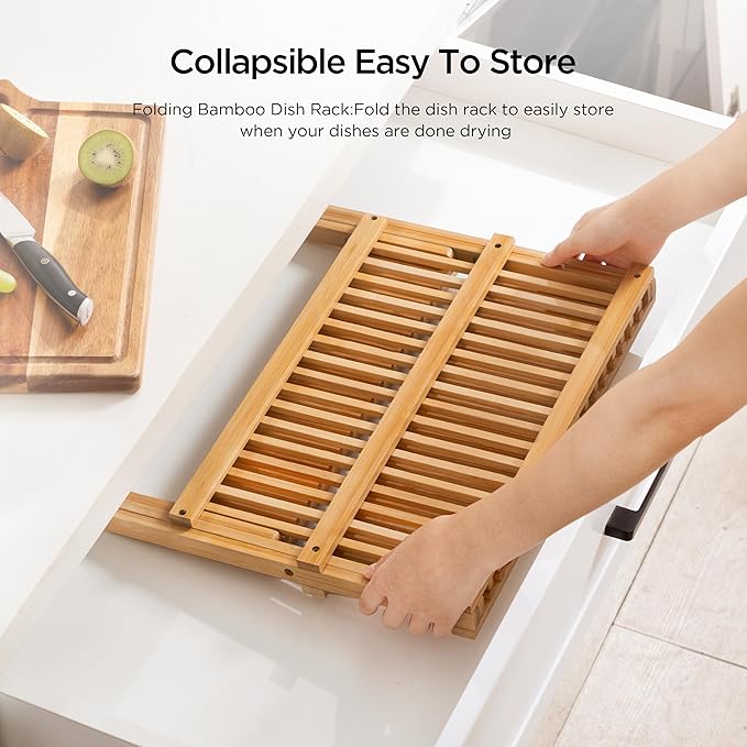 Bamboo Dish Drying Rack with Utensil Holder, 3 Tier Collapsible Dish Rack - Image 4