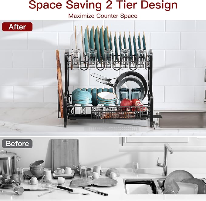 2 Tier Black Dish Drainer Drying Rack - Image 2