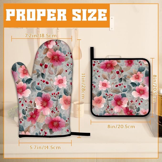 Vintage Pink Cherry Blossoms Oven Mitts and Pot Holders, Heat Resistant Oven - Image 2