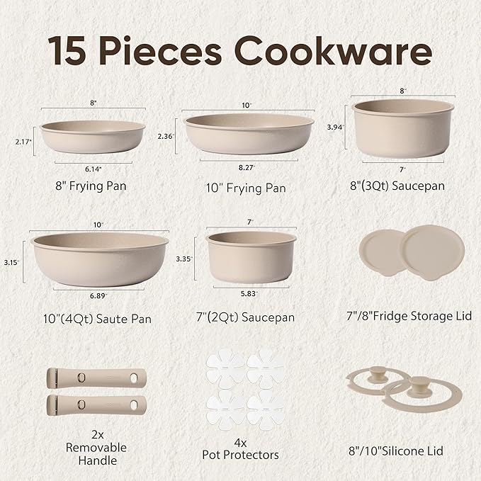CAROTE 15pcs Pots and Pans Set, Nonstick Cookware Set Detachable Handle - Image 2
