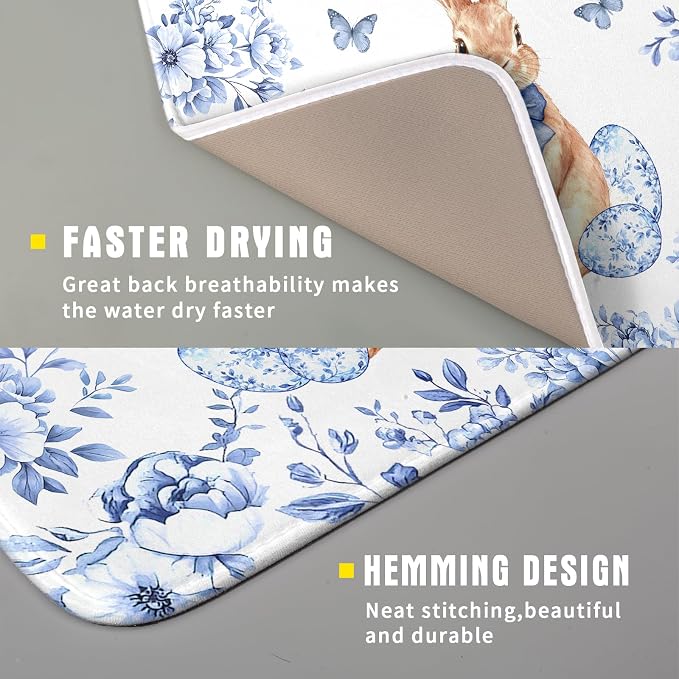 Vintage Microfiber Dish Drying Mat Blue Easter Floral Kitchen Drying Mats - Image 3