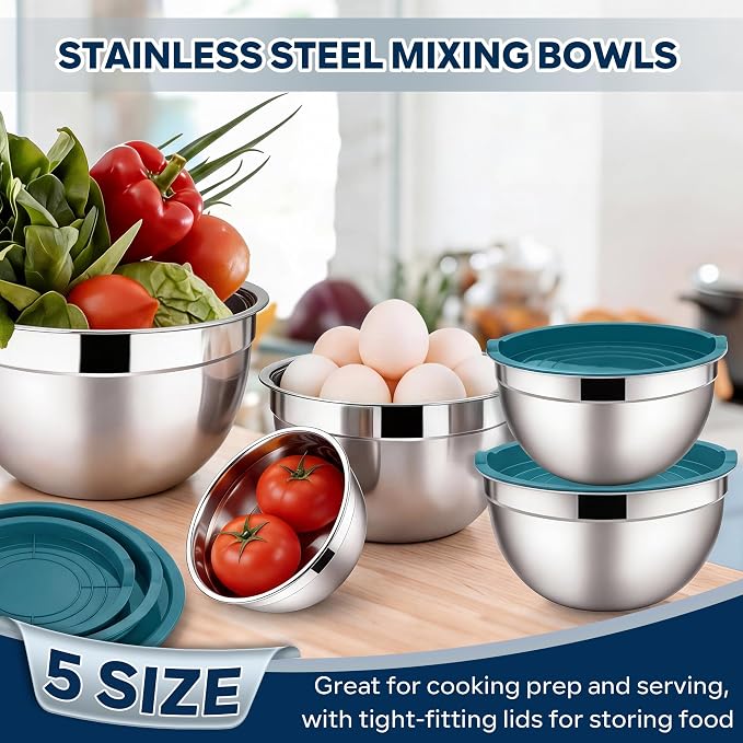 E-far Mixing Bowls With Lids Sets of 5, 10-Piece Stainless Steel Salad Metal - Image 4