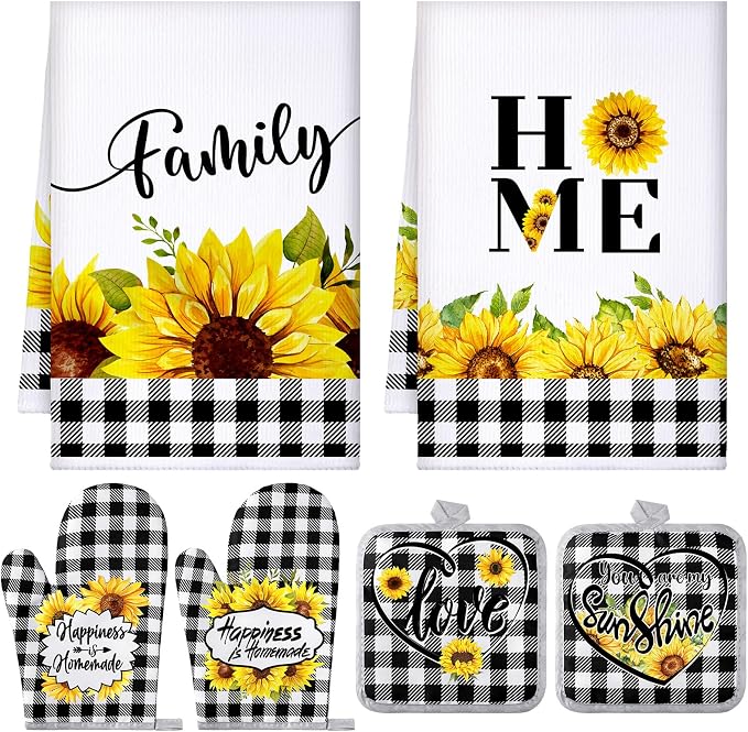 Leinuosen 6 Plaid Sunflower Kitchen Towels Kitchen Decor and Accessories Set by Leinuosen