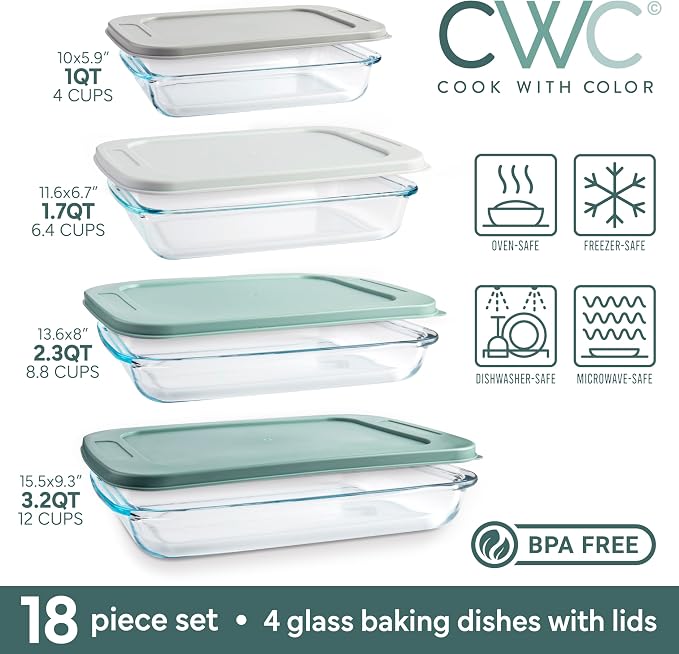 COOK WITH COLOR 8-Piece Deep Glass Baking Dish Set with Plastic Lids – - Image 3