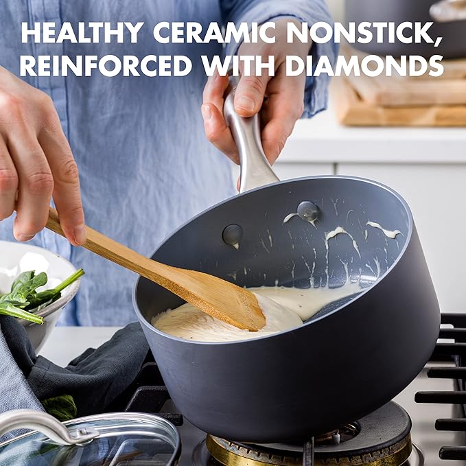 GreenPan Lima Hard Anodized Healthy Ceramic Nonstick 1QT and 2QT Saucepan Pot - Image 3