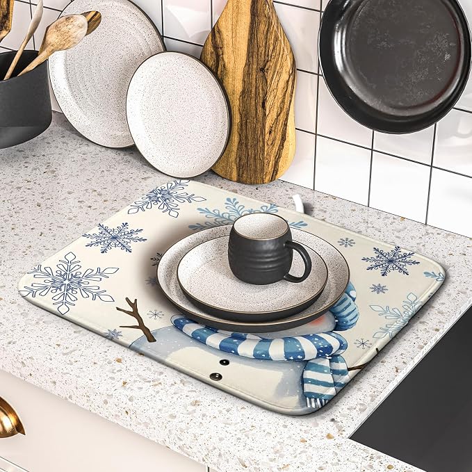 Winter Snowman Dish Drying Mat for Kitchen Counter 16x18 Blue Snowflake Bird - Image 5