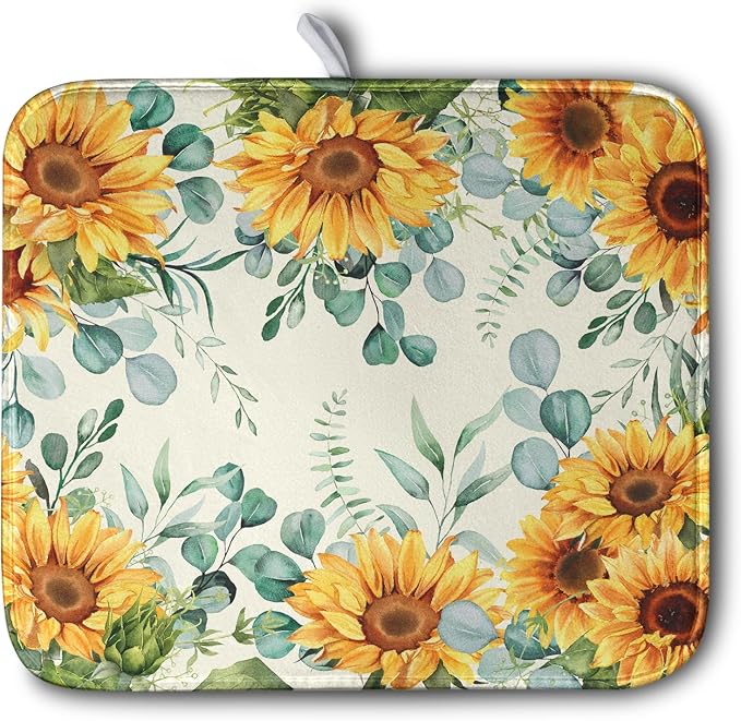 Sunflowers Dish Drying Mat for Kitchen Counter Yellow Flower Green Leaves Dish by Kwlegh