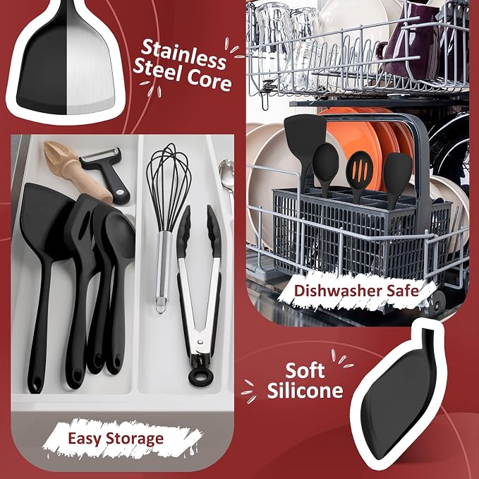 Silicone Cooking Utensils Set of 10, Leonyo Black Kitchen Utensils Set - Image 3