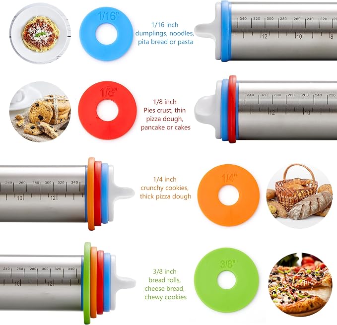Rolling Pin with Thickness Rings, Fulimax 17" Adjustable Stainless Steel - Image 3