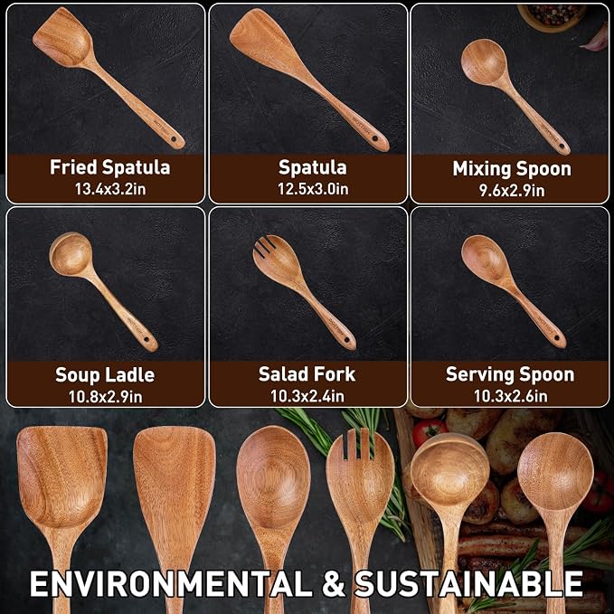 Wooden Spoons - Wooden Spoons for Cooking, Natural Wooden Kitchen Utensils Set - Image 3