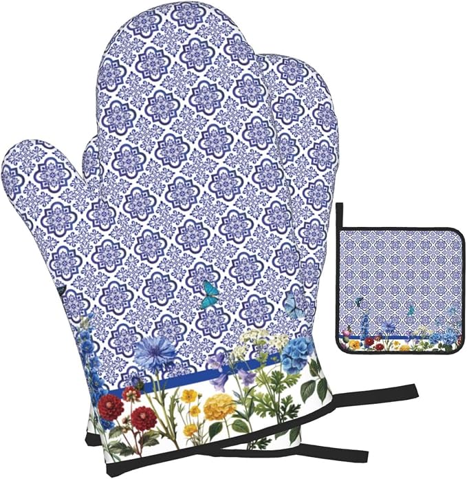 Blue Chinoiserie Oven Mitts Heat Resistant, Cute Floral Pot Holders and Kitchen - Image 2