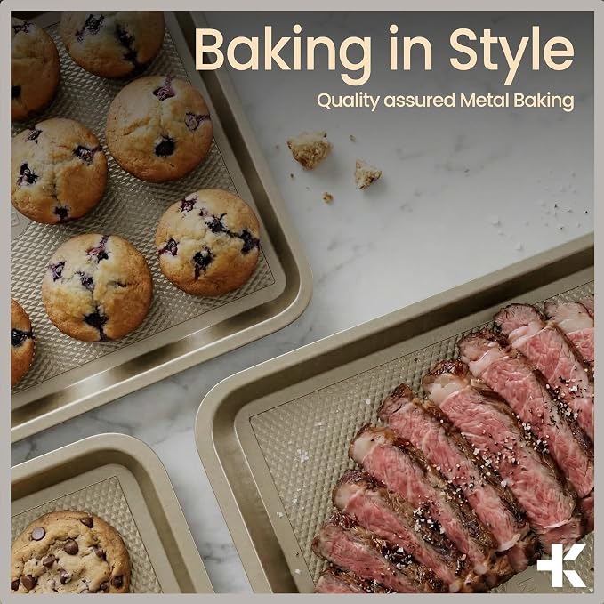 Diamond Bottom Cookie Sheet Set of 2, Nonstick Gold Carbon Steel Baking Pans - Image 8