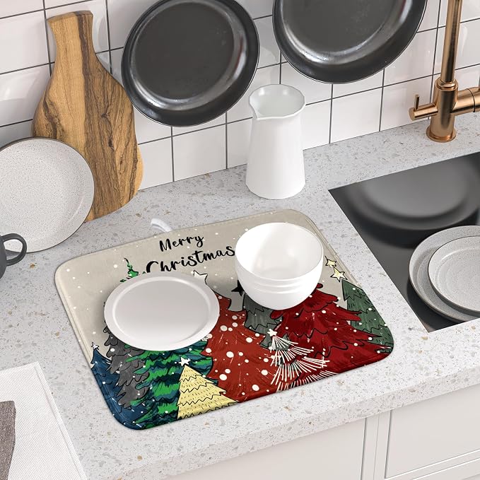 Christmas Trees Dish Drying Mat Winter Holiday Kitchen Dishes Pad 16x18 Inch - Image 6