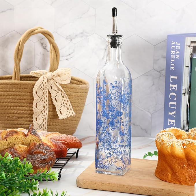 JarThenaAMCS Chinoiserie Olive Oil Dispenser Bottle Blue Floral Glass Cruet - Image 4
