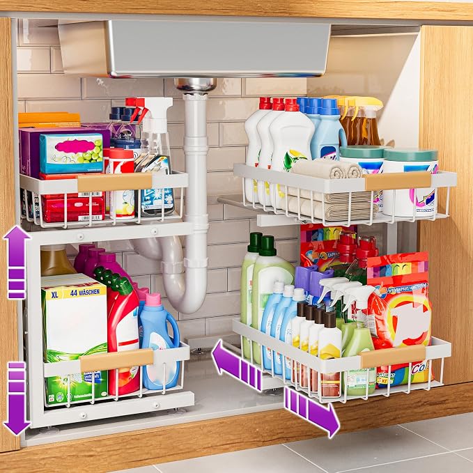 ADBIU Under Sink Organizer 2 Pack, Adjustable Height Under Cabinet Storage by ADBIU