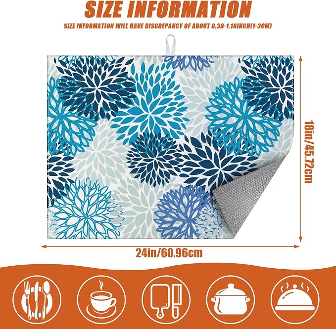 Blue Floral Dish Drying Mat for Kitchen Counter Microfiber Absorbent Dish - Image 2