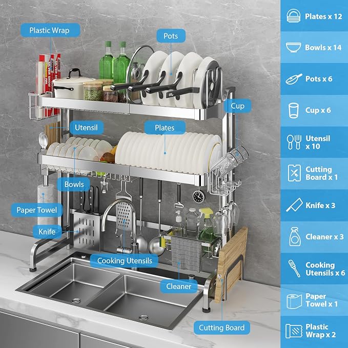 Over The Sink Dish Drainer Drying Rack, Full Stainless Steel 3-Tier Adjustable - Image 5