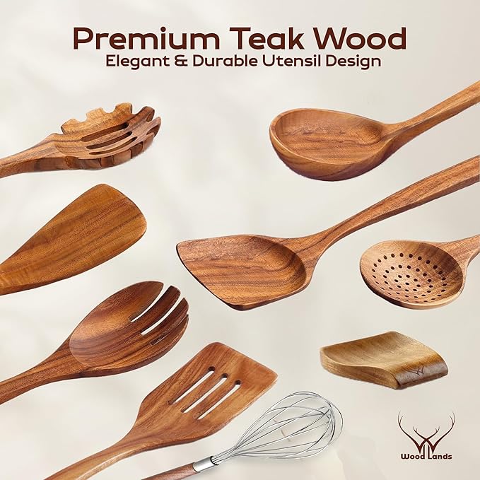 9 Pcs Teak Wooden Spoons for Cooking - Image 2
