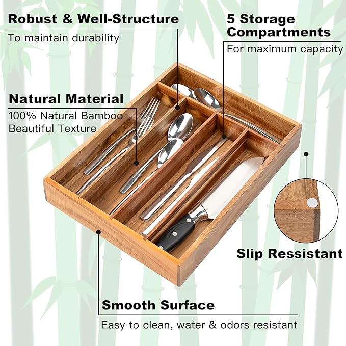 Besilord Silverware Organizer Kitchen Drawer Organizer Utensil Organizer Acacia - Image 4