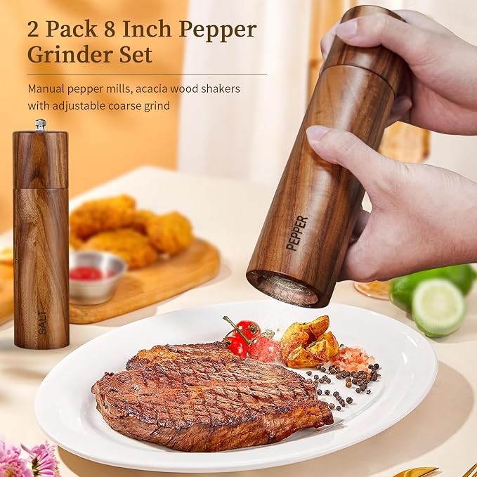 XWXO 2 Pack Acacia Wooden Salt and Pepper Grinder Set 8 Inches Refillable Salt - Image 6
