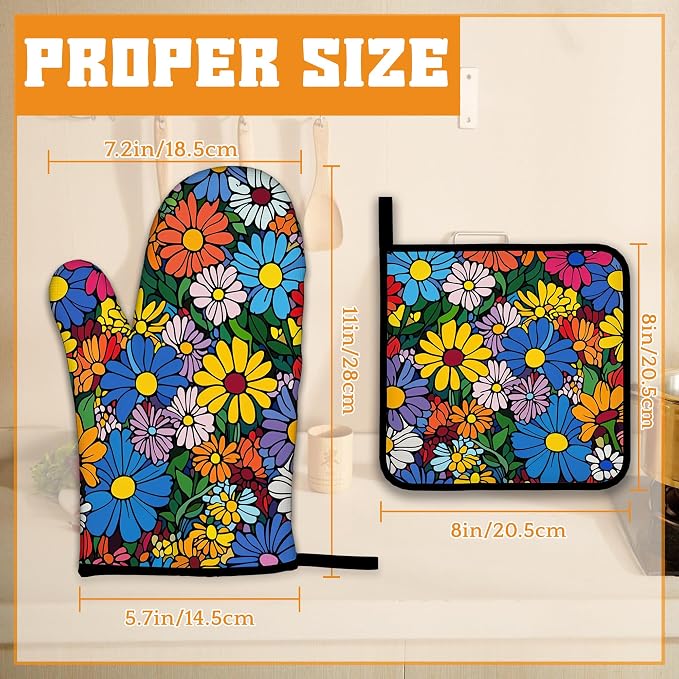 Abstract Hippie Flower Oven Mitts and Pot Holders, Heat Resistant Oven Mitts - Image 2