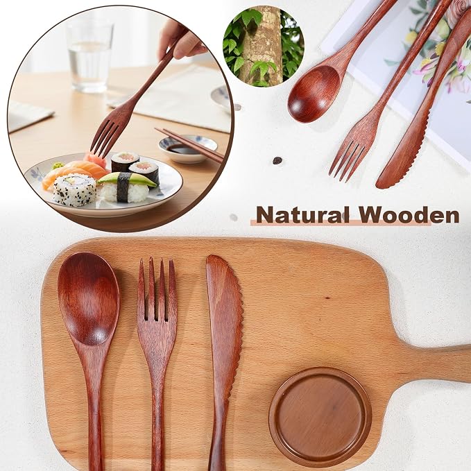 24 Pcs Wooden Utensil Set for Eating Wooden Spoon Fork Knife Wood Cutlery - Image 7