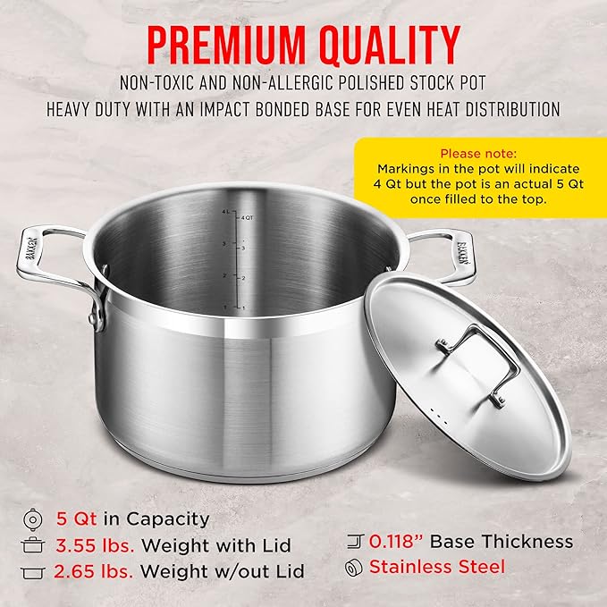 Stainless Steel Stockpot with Lid 5 Quart, Durable 18/8 Stainless Steel - Image 6