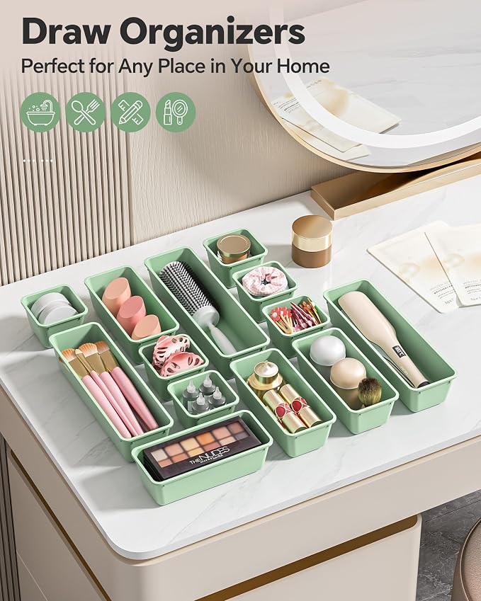Canfanni 13 Pack Plastic Drawer Organizers Set, 3 Sizes Desk Drawer Organizer - Image 6