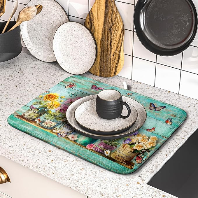 Flower Dish Drying Mat for Kitchen Counter 16x18 Inch Rustic Vintage Microfiber - Image 5