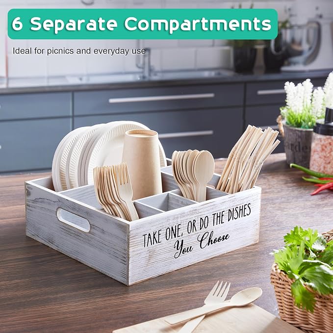 ALELION Rustic White Plate and Utensil Caddy, 6-Compartment Paper Plate and - Image 2